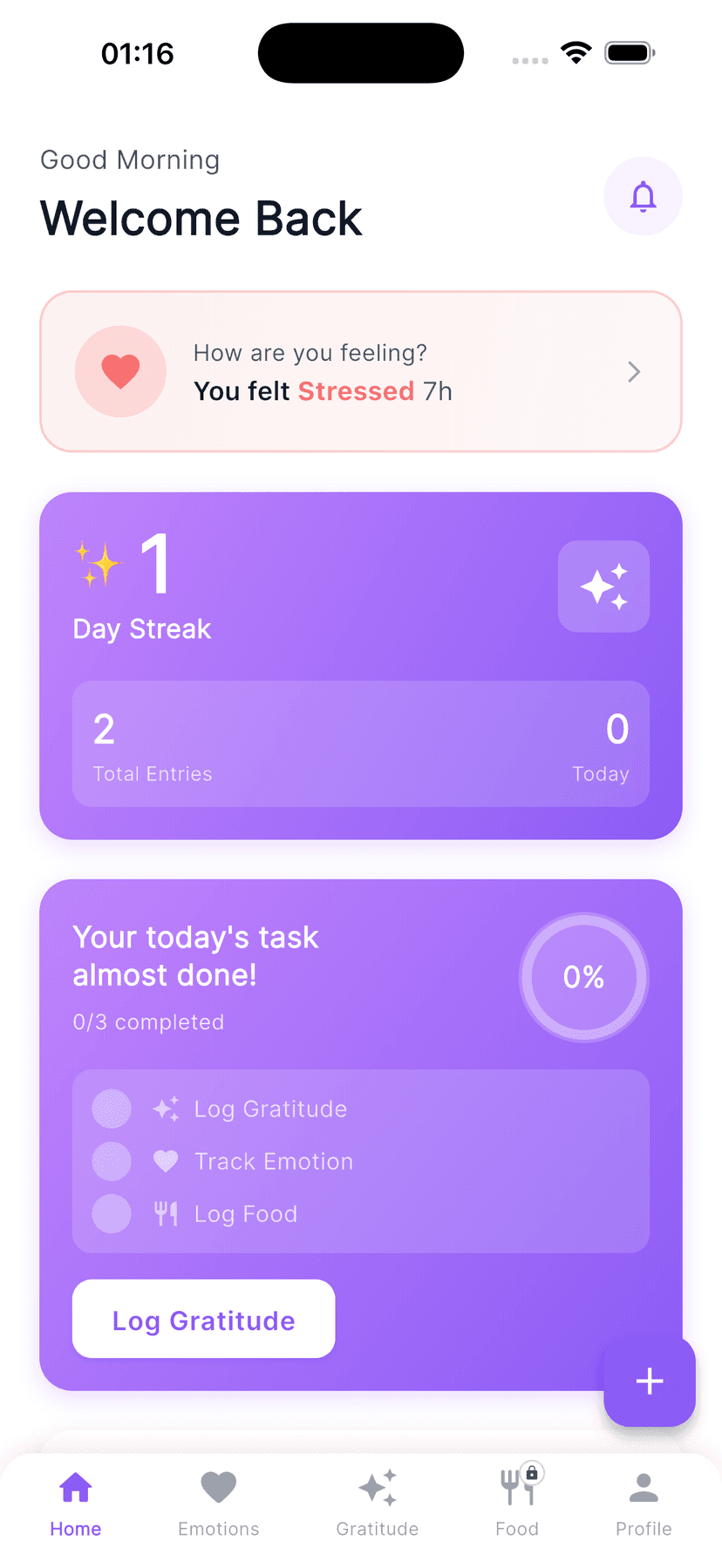 Vita home screen showing daily streak and gratitude tasks.